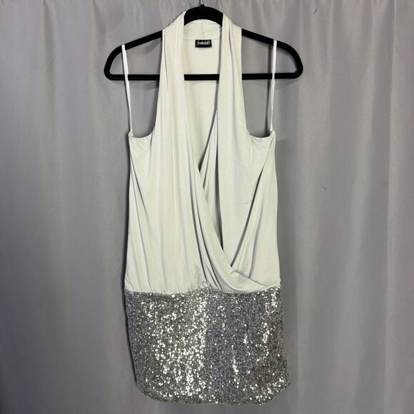 frederick Dresses & Skirts - Frederick's  Halter Deep V-Neck Silver Sequin Hem Mini Dress Women's Size XL Vtg